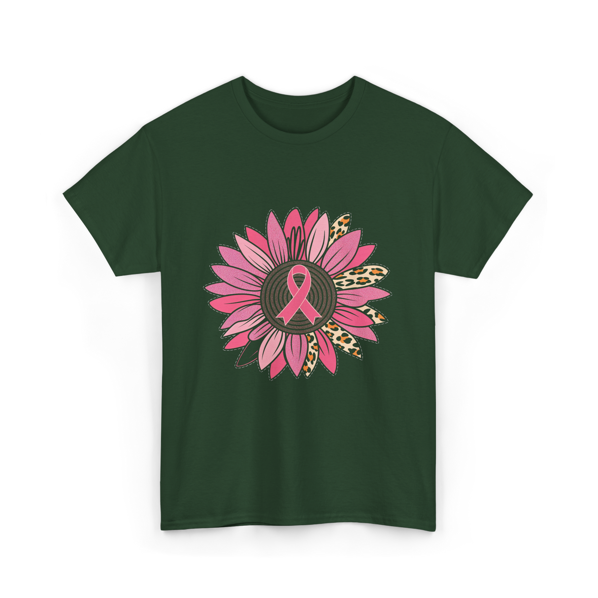 Breast Cancer Awareness Pink Flower T-Shirt - Forest Green