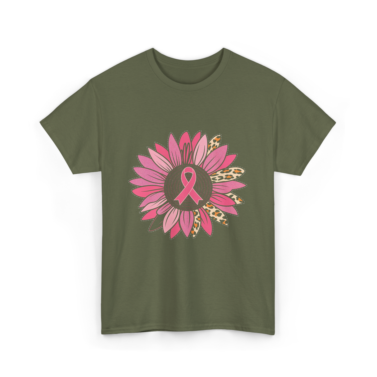 Breast Cancer Awareness Pink Flower T-Shirt - Military Green