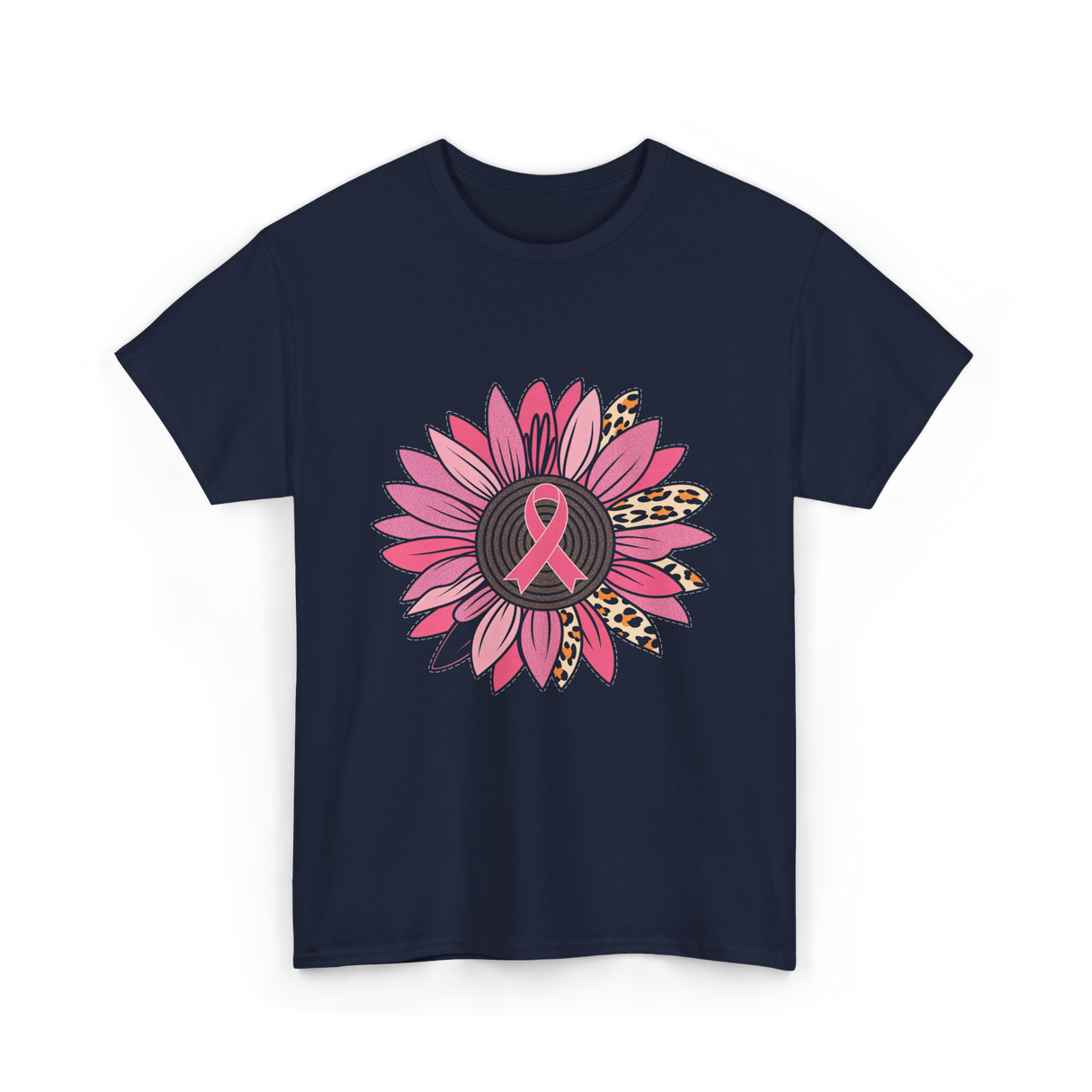 Breast Cancer Awareness Pink Flower T-Shirt - Navy