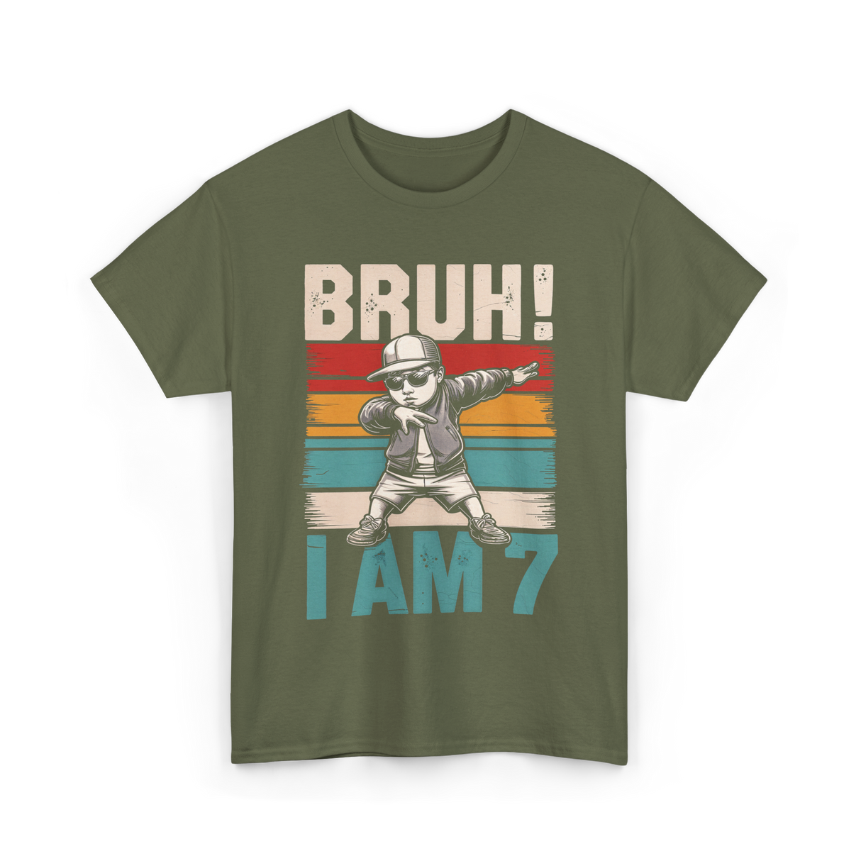 Bruh I Am 7 Birthday Boy T-Shirt - Military Green