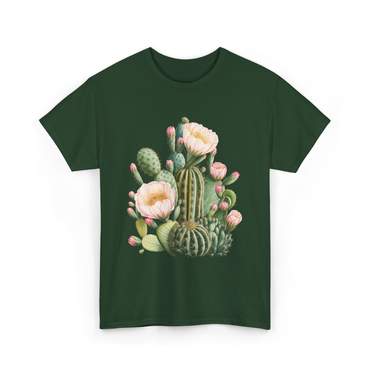 Cactus Flower Botanical Cacti T-Shirt - Forest Green