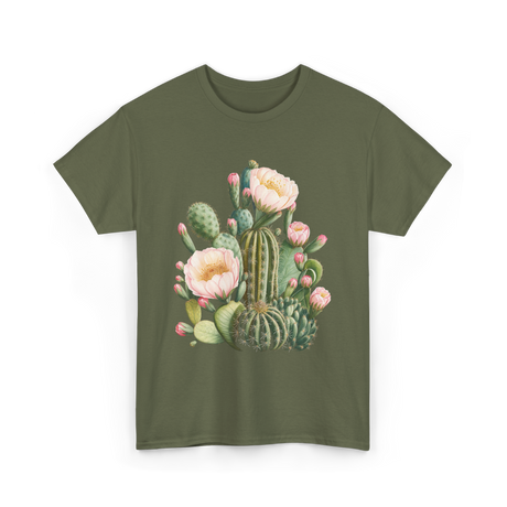 Cactus Flower Botanical Cacti T-Shirt - Military Green