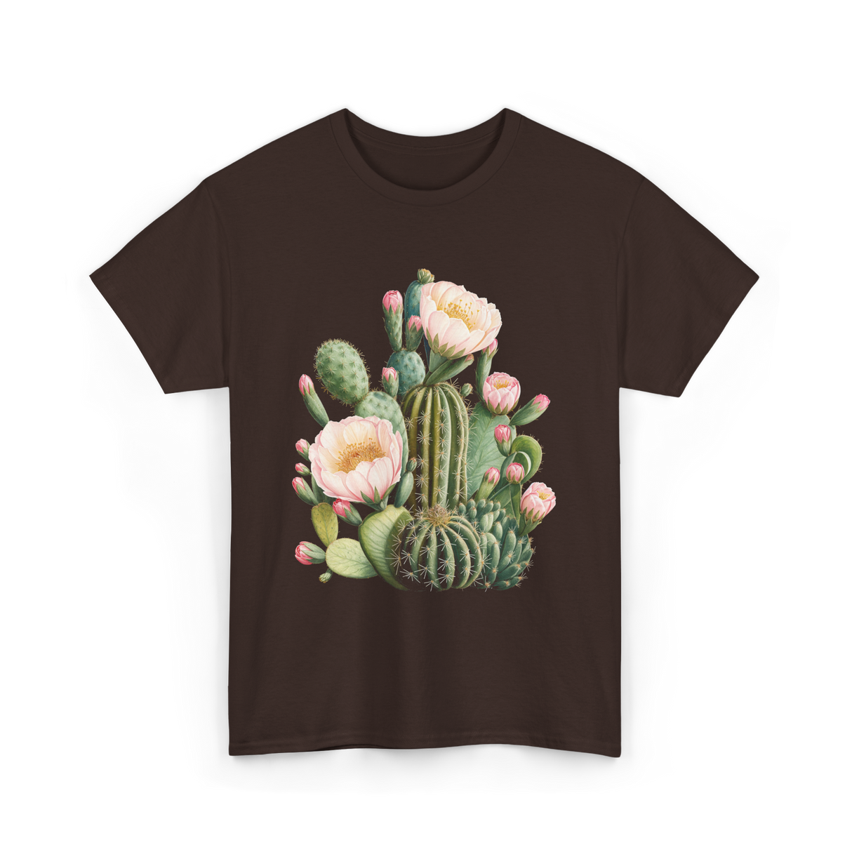 Cactus Flower Botanical Cacti T-Shirt - Dark Chocolate