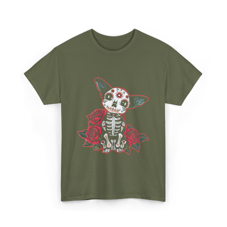 Calavera Chihuahua Skeleton Dog Roses T-Shirt - Military Green