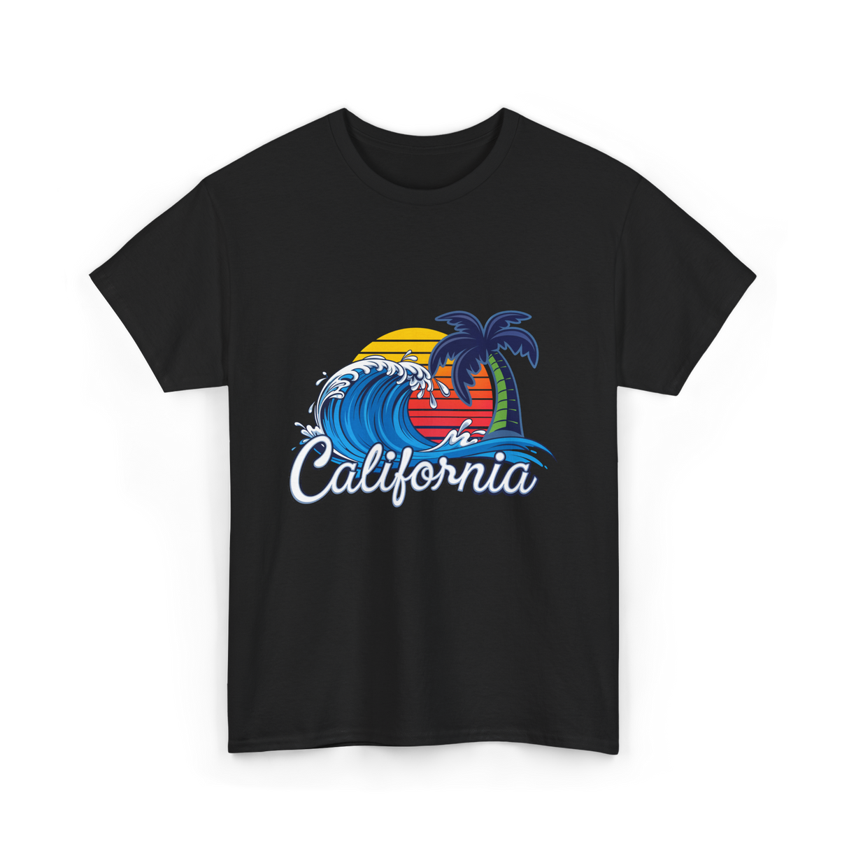 California Beach Waves Sunset T-Shirt - Black