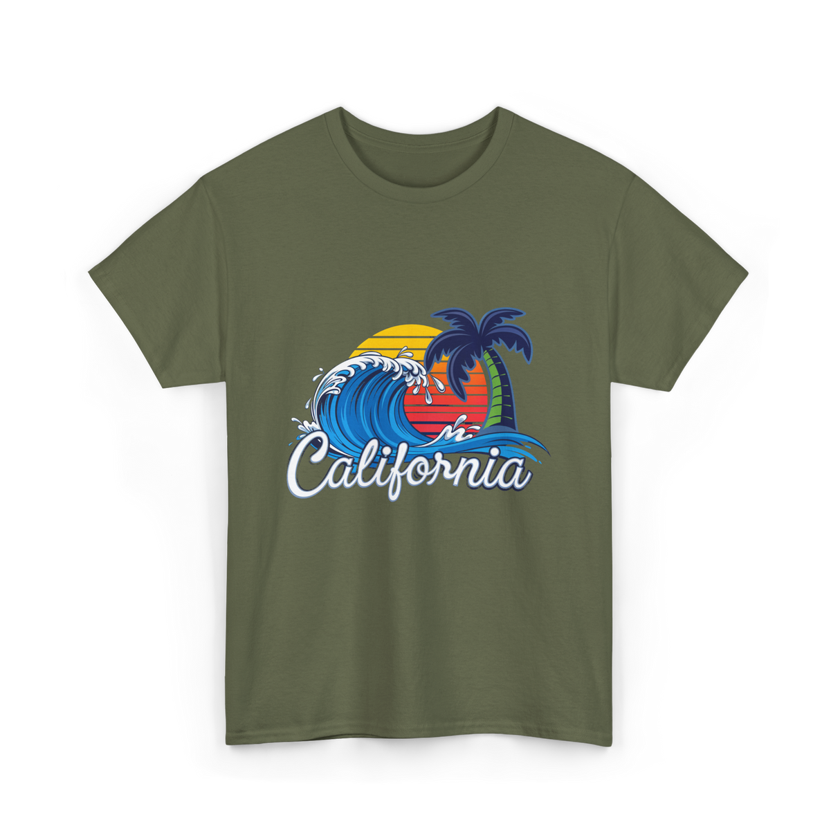 California Beach Waves Sunset T-Shirt - Military Green