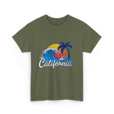 California Beach Waves Sunset T-Shirt - Military Green