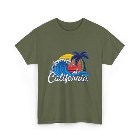 California Beach Waves Sunset T-Shirt - Military Green