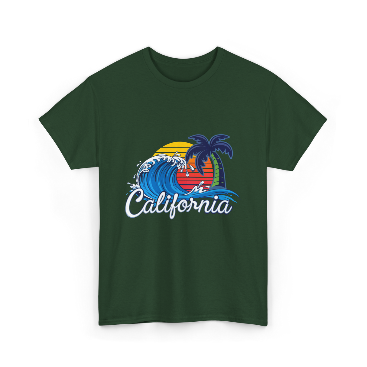 California Beach Waves Sunset T-Shirt - Forest Green