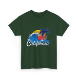 California Beach Waves Sunset T-Shirt - Forest Green