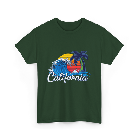 California Beach Waves Sunset T-Shirt - Forest Green