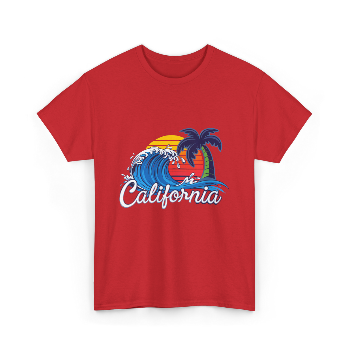 California Beach Waves Sunset T-Shirt - Red