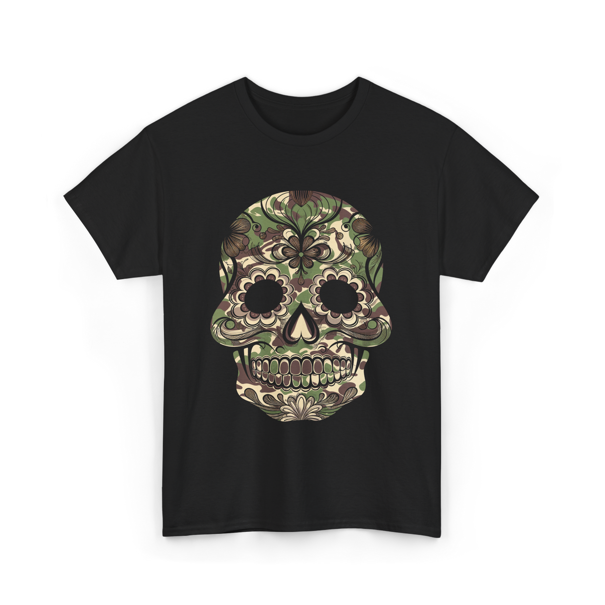 Camo Skull Sugar Skull Halloween T-Shirt - Black