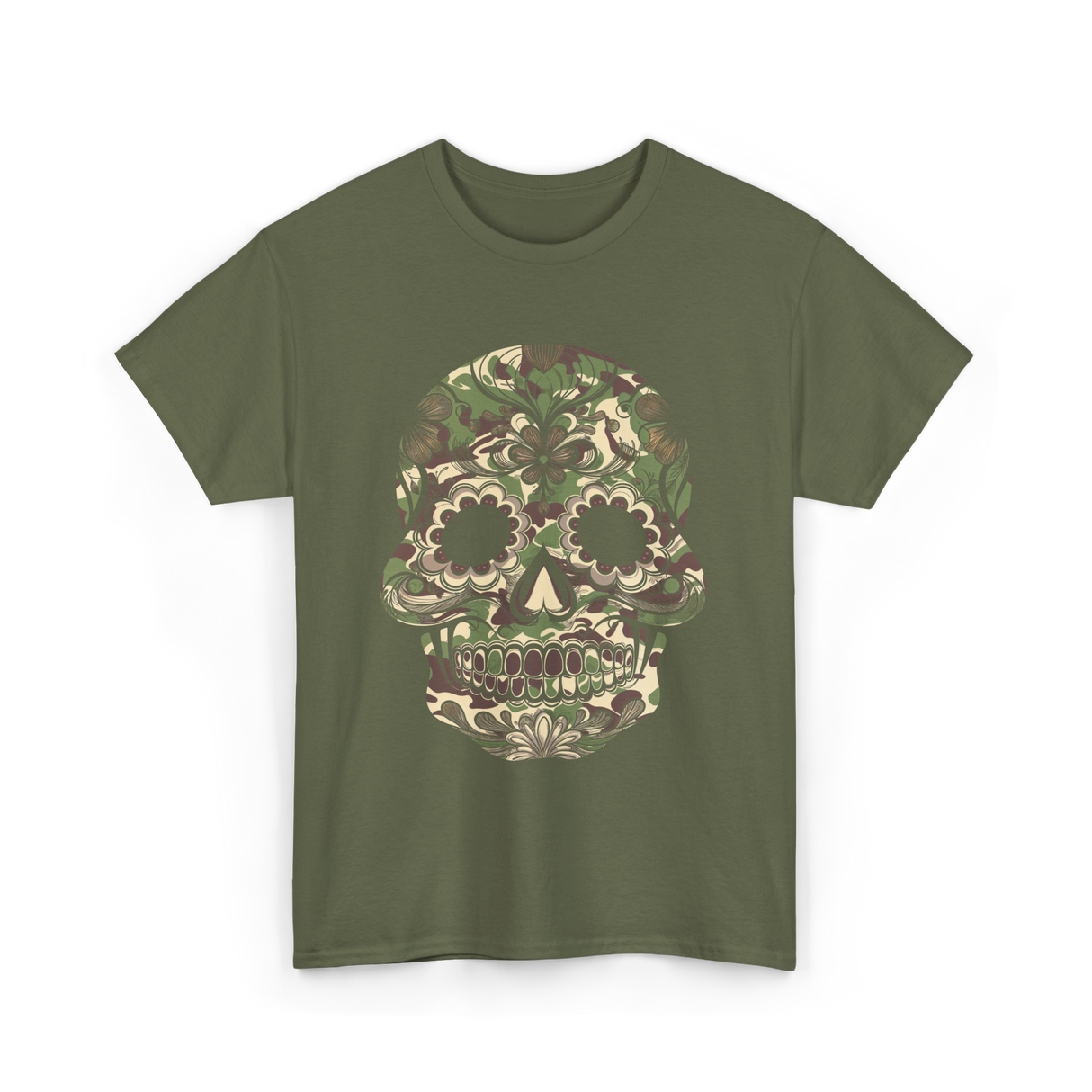 Camo Skull Sugar Skull Halloween T-Shirt - Military Green