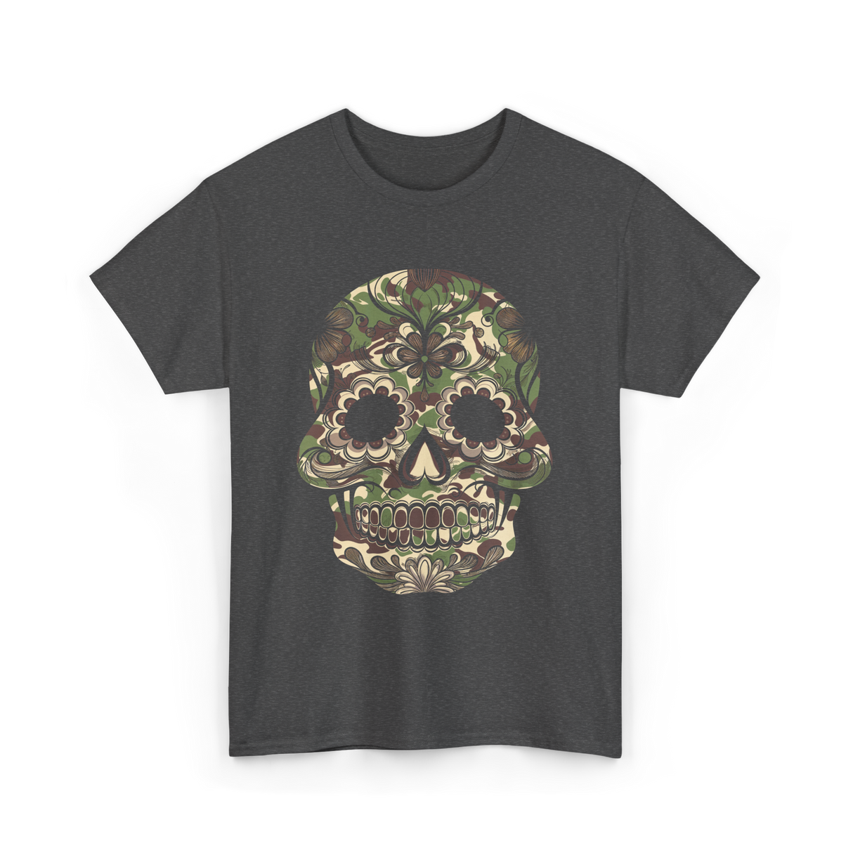 Camo Skull Sugar Skull Halloween T-Shirt - Dark Heather