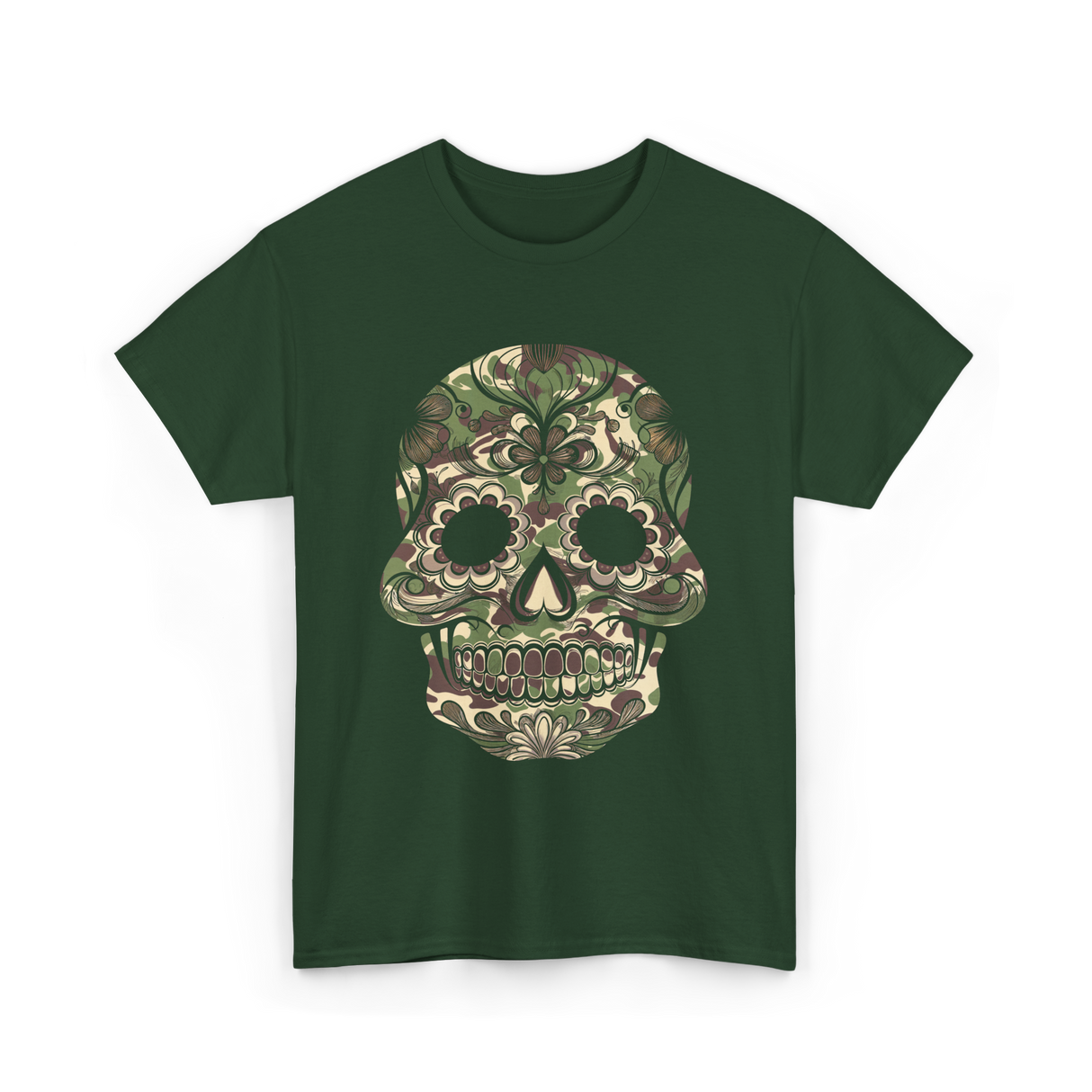 Camo Skull Sugar Skull Halloween T-Shirt - Forest Green