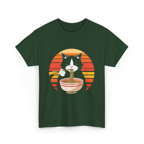 Cat Eating Ramen Noodles Cat Lover T-Shirt - Forest Green