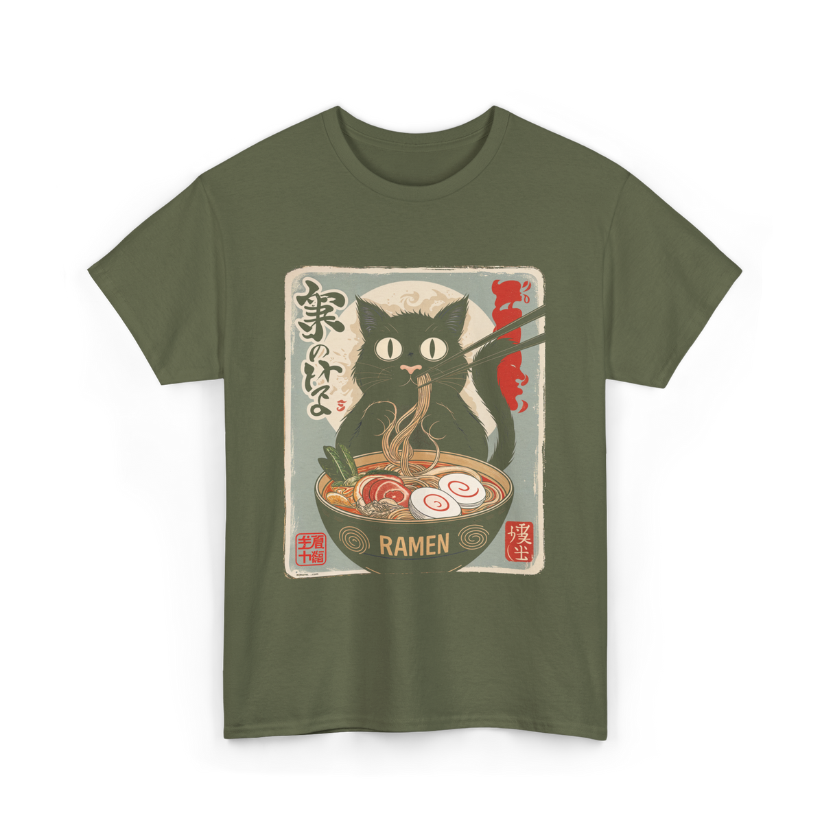 Cat Eating Ramen Ramen Cat T-Shirt - Military Green