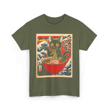 Cat Ramen Kawaii Cat T-Shirt - Military Green