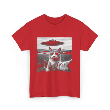 Cat Selfie Alien UFO Cat T-Shirt - Red