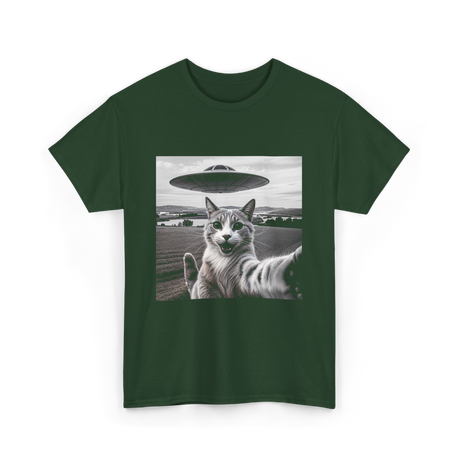 Cat Selfie Alien UFO Cat T-Shirt - Forest Green