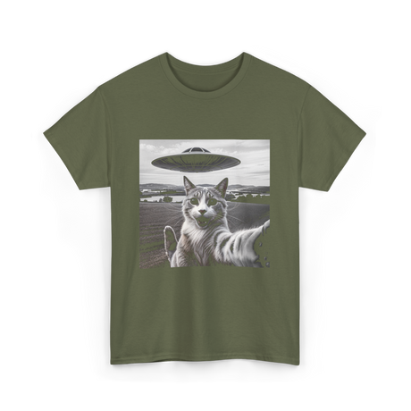 Cat Selfie Alien UFO Cat T-Shirt - Military Green