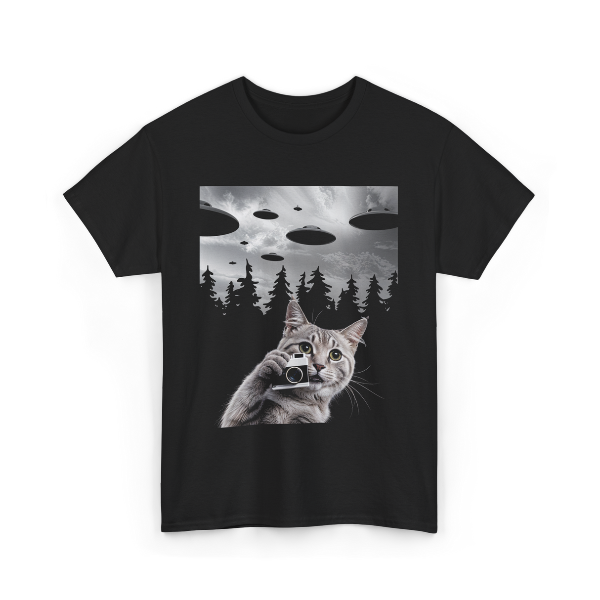 Cat Selfie UFOs Photography T-Shirt - Black