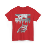 Cat Selfie UFOs Photography T-Shirt - Red