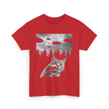 Cat Selfie UFOs Photography T-Shirt - Red