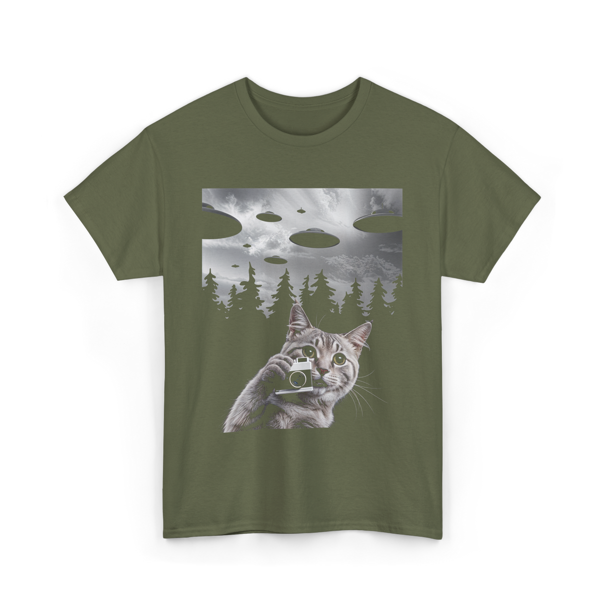 Cat Selfie UFOs Photography T-Shirt - Military Green