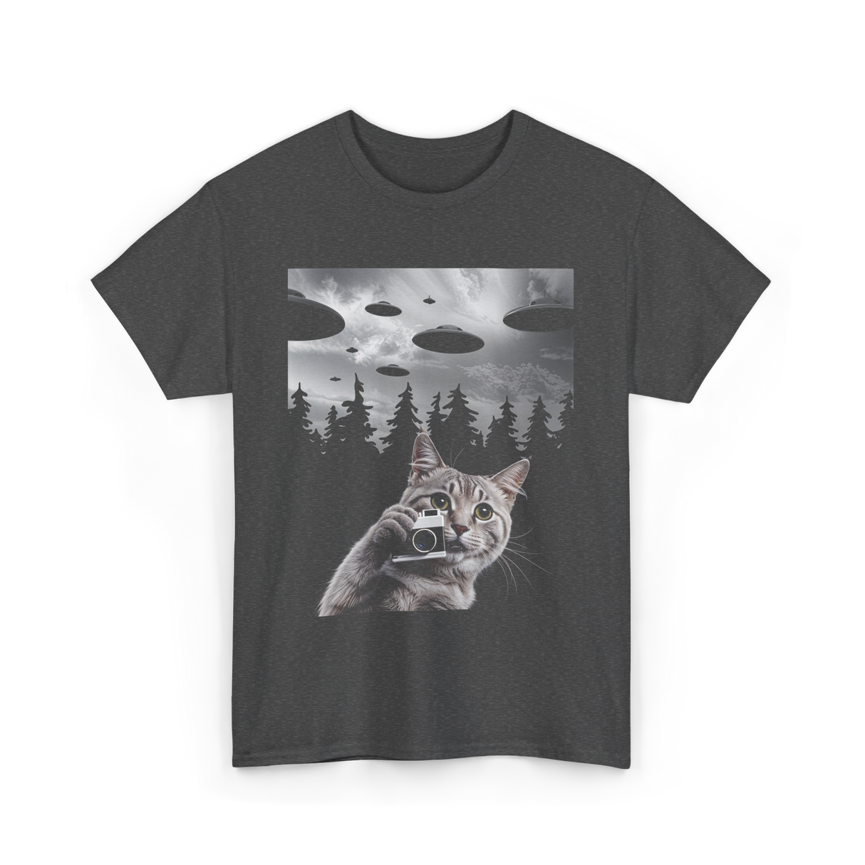 Cat Selfie UFOs Photography T-Shirt - Dark Heather