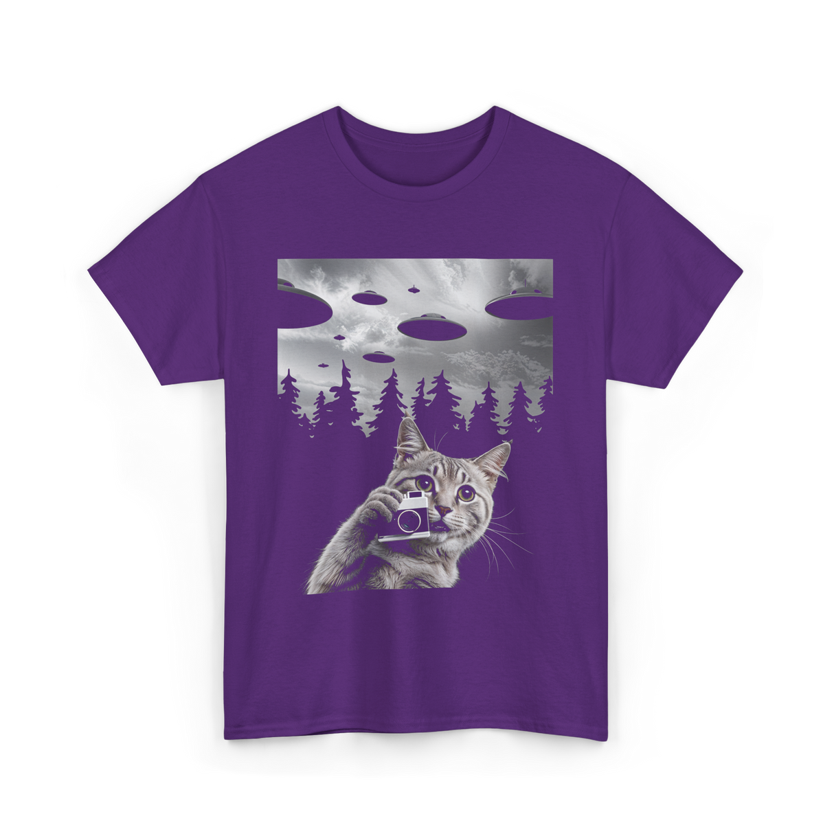 Cat Selfie UFOs Photography T-Shirt - Purple