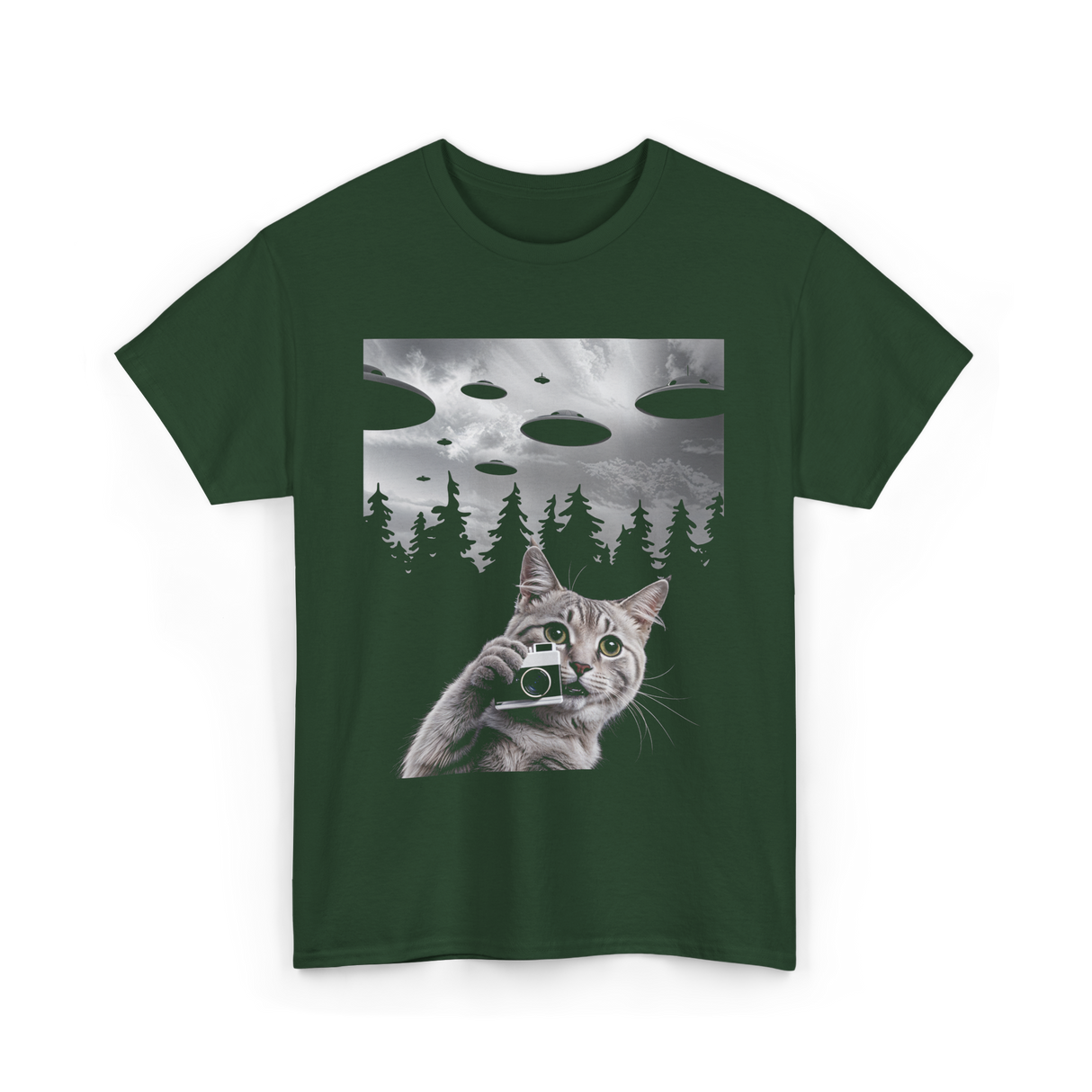 Cat Selfie UFOs Photography T-Shirt - Forest Green