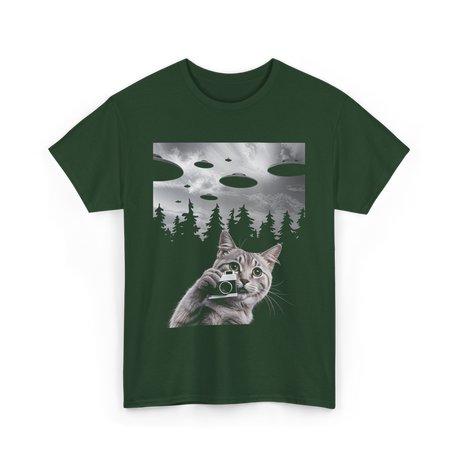 Cat Selfie UFOs Photography T-Shirt - Forest Green