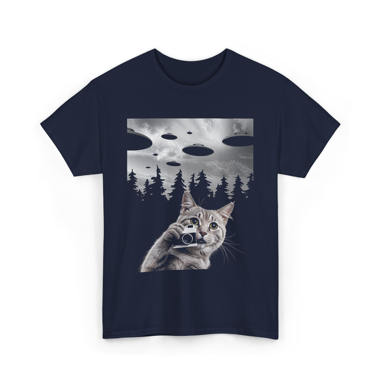 Cat Selfie UFOs Photography T-Shirt - Navy