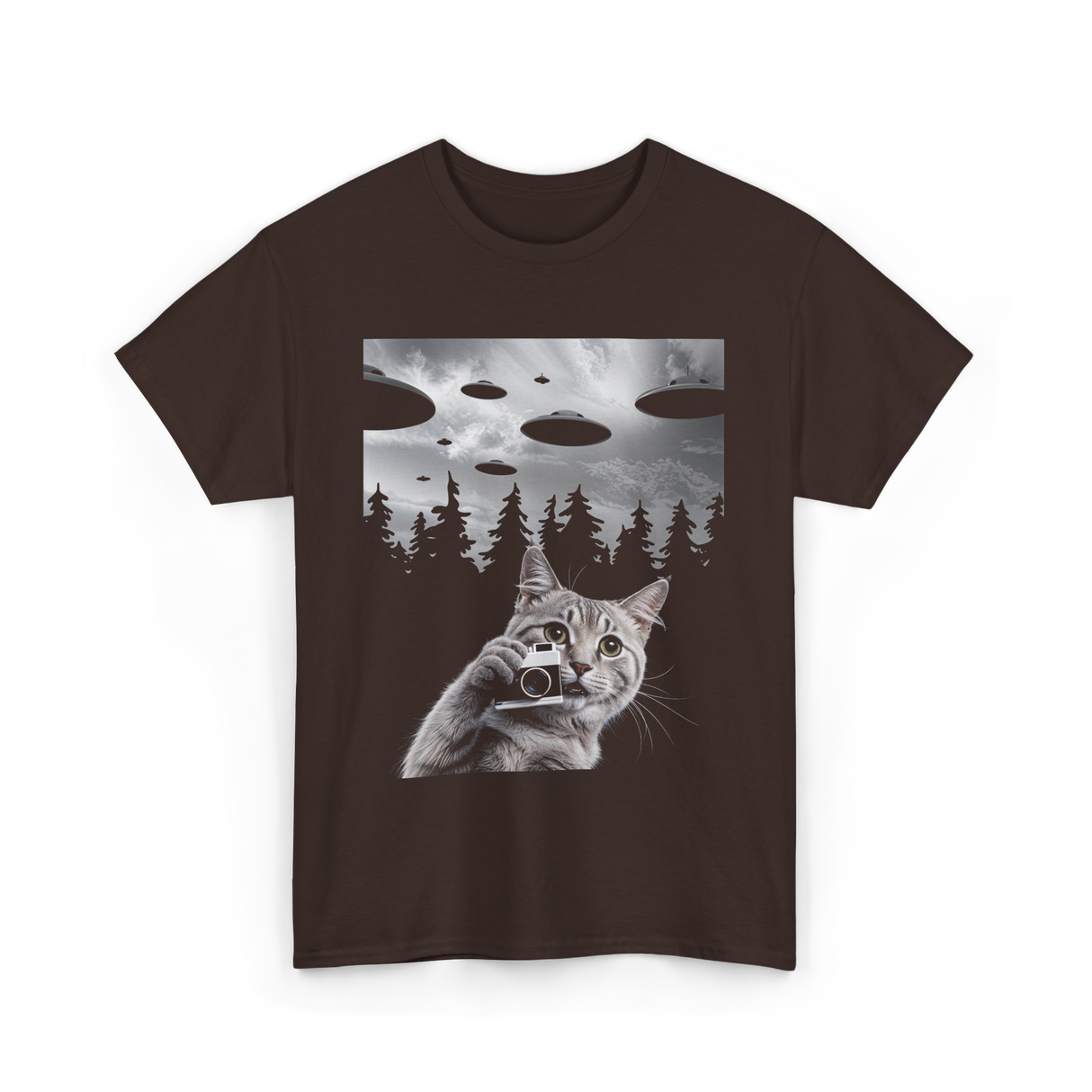 Cat Selfie UFOs Photography T-Shirt - Dark Chocolate