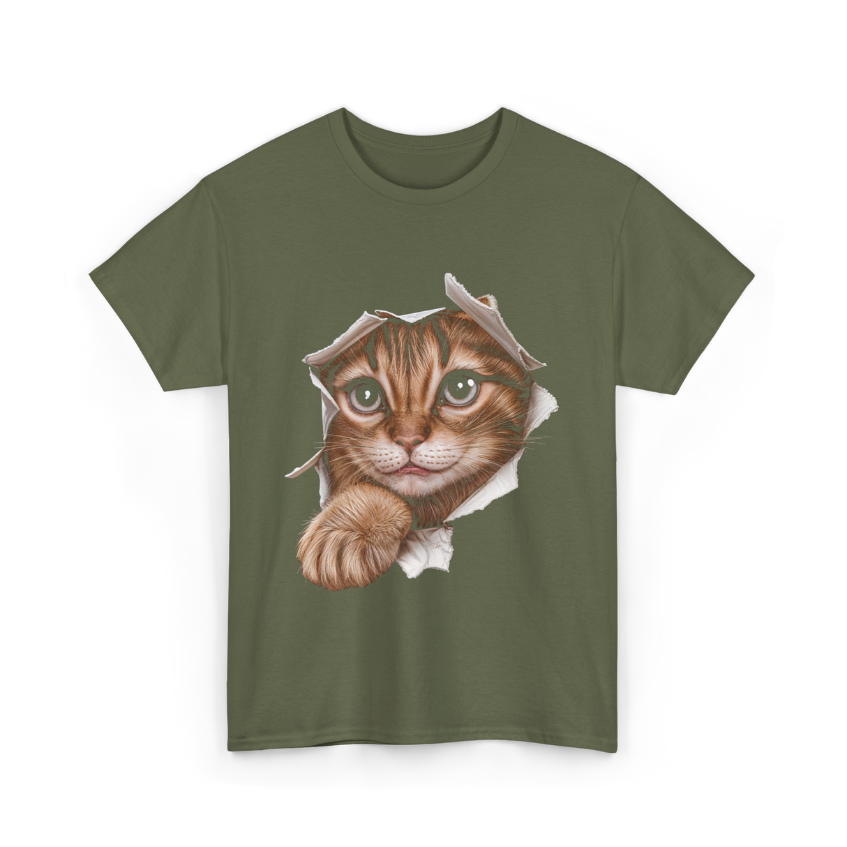 Cat Torn Cloth Cat T-Shirt - Military Green