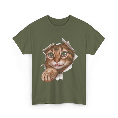 Cat Torn Cloth Cat T-Shirt - Military Green