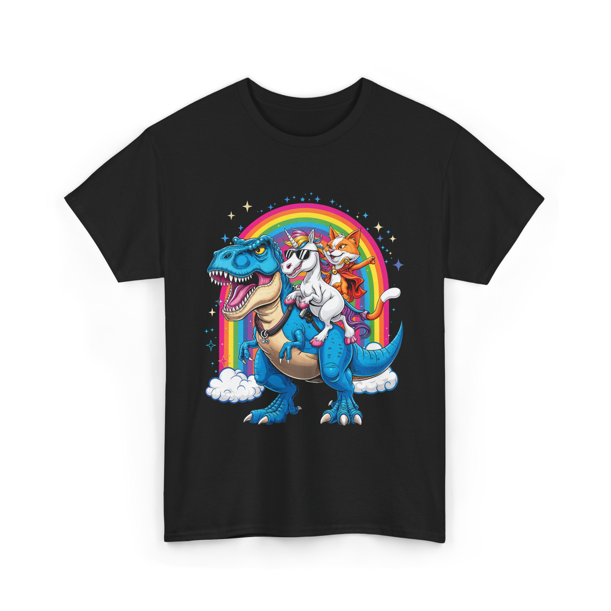 Cat Unicorn Riding Dinosaur Fantasy T-Shirt - Black