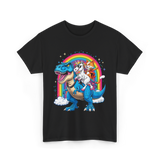 Cat Unicorn Riding Dinosaur Fantasy T-Shirt - Black