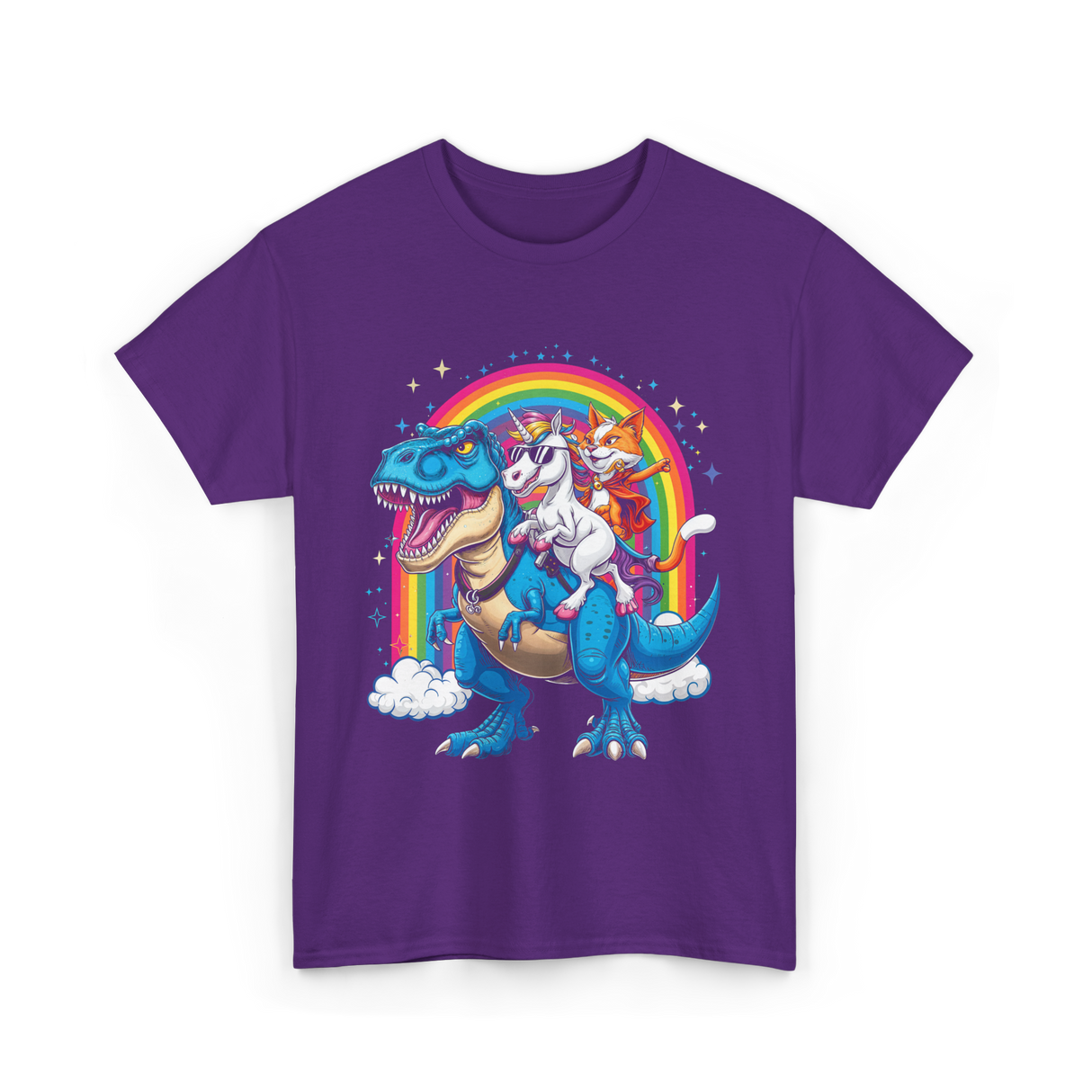 Cat Unicorn Riding Dinosaur Fantasy T-Shirt - Purple