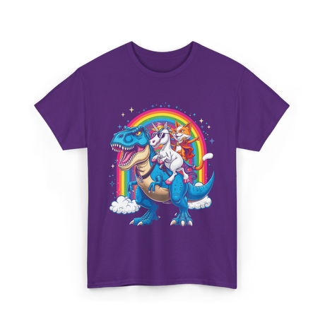 Cat Unicorn Riding Dinosaur Fantasy T-Shirt - Purple