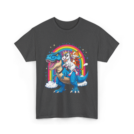 Cat Unicorn Riding Dinosaur Fantasy T-Shirt - Dark Heather