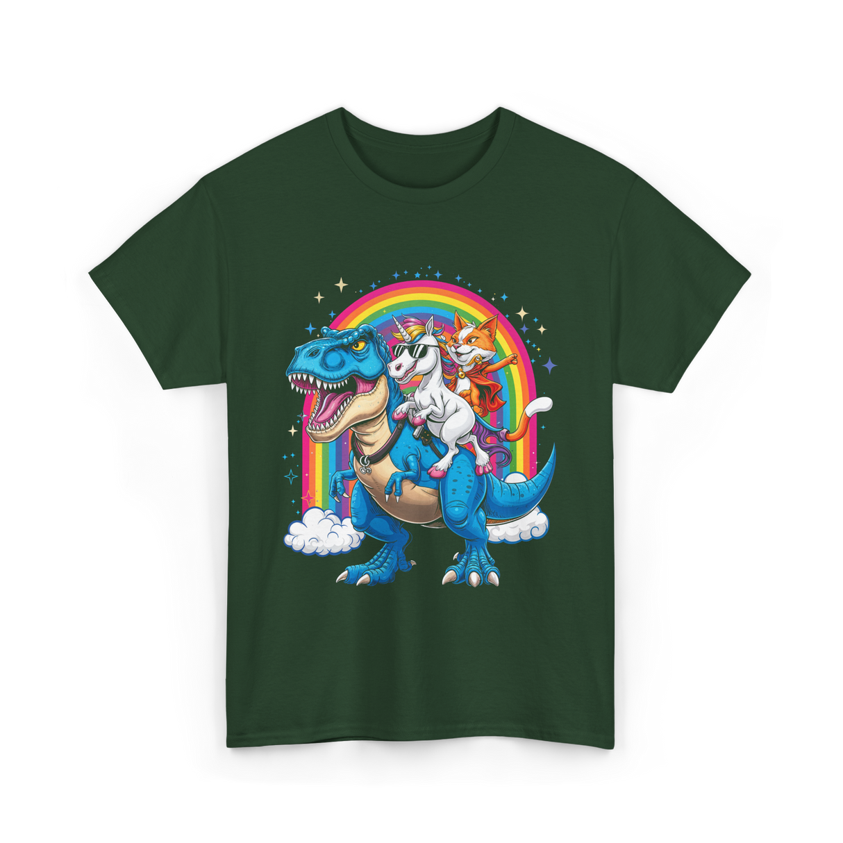 Cat Unicorn Riding Dinosaur Fantasy T-Shirt - Forest Green