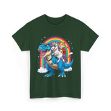 Cat Unicorn Riding Dinosaur Fantasy T-Shirt - Forest Green