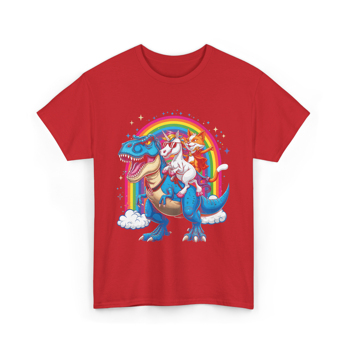 Cat Unicorn Riding Dinosaur Fantasy T-Shirt - Red