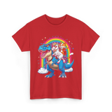 Cat Unicorn Riding Dinosaur Fantasy T-Shirt - Red