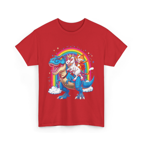 Cat Unicorn Riding Dinosaur Fantasy T-Shirt - Red