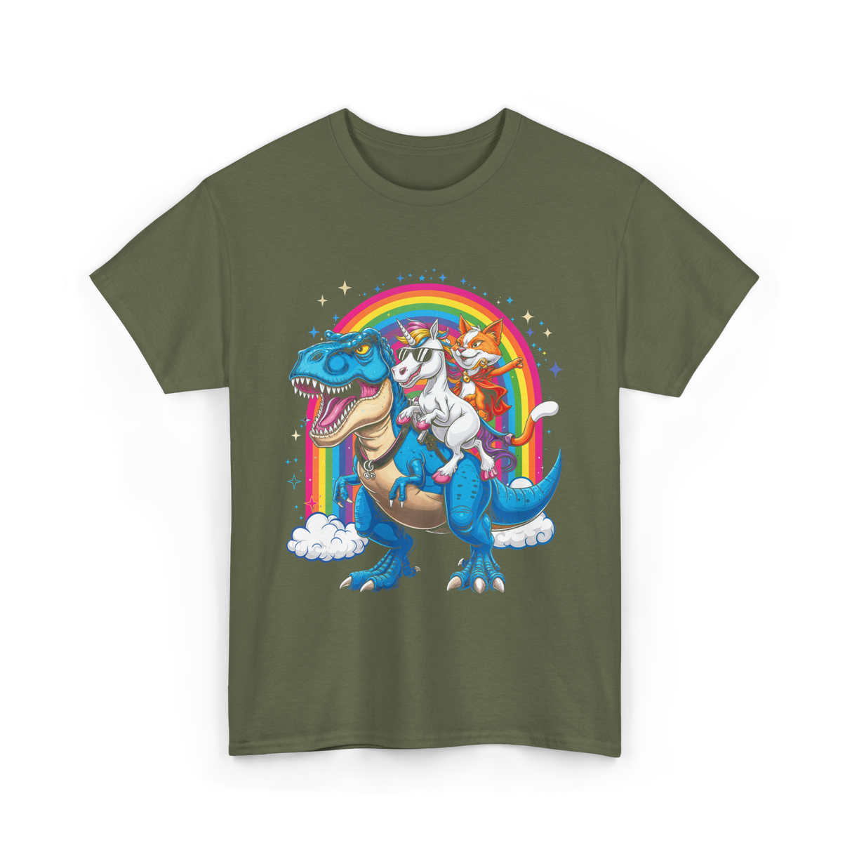 Cat Unicorn Riding Dinosaur Fantasy T-Shirt - Military Green