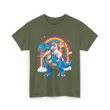 Cat Unicorn Riding Dinosaur Fantasy T-Shirt - Military Green